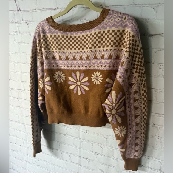Altar’d State Boho Doll Hippie Brown Purple Cream Floral Cropped Sweater Hippie - Picture 3 of 5